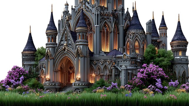 Dark gothic fantasy castle surrounded by magical garden high resolution picture