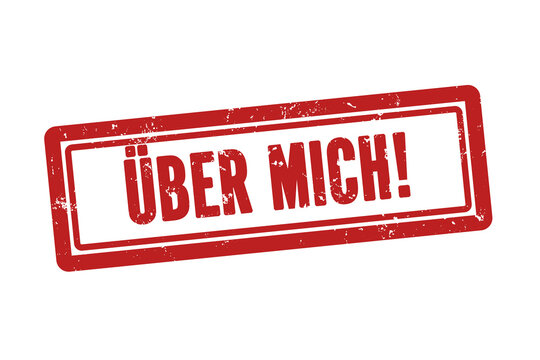 Ueber mich (about me) - A red stamp, isolated on white background.