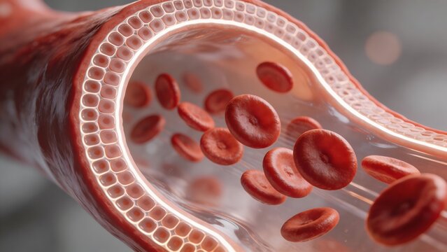 Red blood cells flowing in a blood vessel