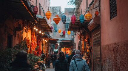Naklejka premium Busy narrow souk alley in Marrakech, spices, lanterns, and embroidered fabrics hanging from walls, tourists and locals mingling, atmospheric, vibrant, colorful, cultural travel, im