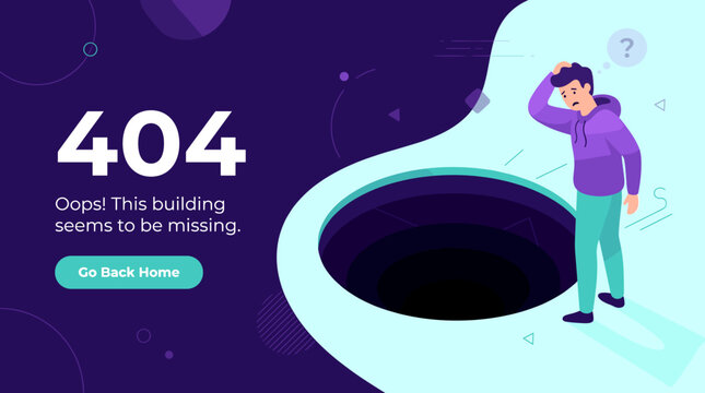 A vibrant illustration depicting a person contemplating a large void, symbolizing a common internet navigation error or a broken link experience on a dynamic background