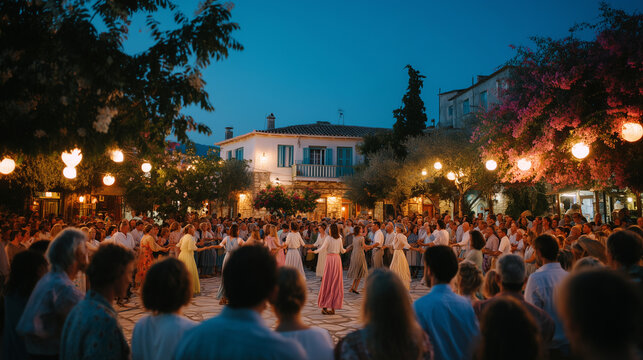 Evening folk dance celebration in a Greek island village, community gathered in a town square, candid wide shot, warm lantern light, genuine joy, cultural festival, tradition, toge