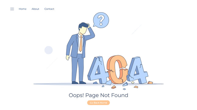 404 Error Page Illustration A Confused Businessman and Broken '404' Text