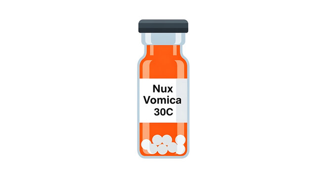 A vector graphic illustration of a homeopathic medicine bottle labeled Nux Vomica 30C