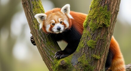 Fototapeta premium A red panda perched on a mossy tree branch in a forest