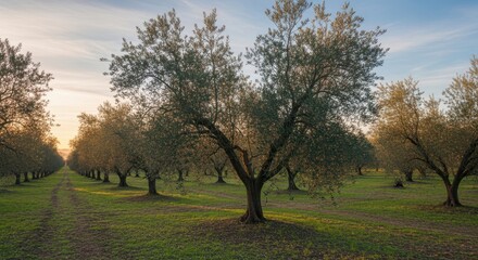 Naklejka premium A serene landscape of an olive grove at sunset with trees lined up in rows