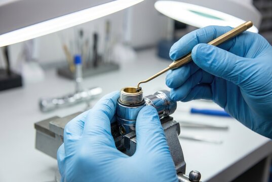 Technician in blue gloves using a brass tool to remove an o-ring from a diving regulator valve