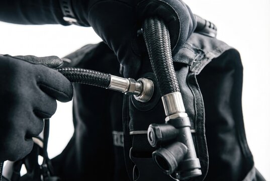 Diver in black gloves attaching a braided low pressure hose to a scuba diving buoyancy compensator