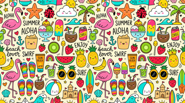 Vibrant summer seamless pattern with tropical icons and text on white background