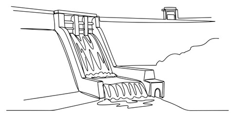 Single continuous line drawing of a massive hydroelectric dam with cascading water © Alicja