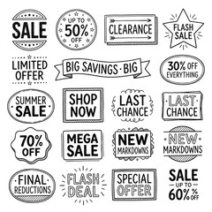 Obraz premium Hand-Drawn Sale Badge Collection with Sketch Style Discount Labels, Clearance Tags, and Promotional Stickers for Designers and E-commerce Marketing