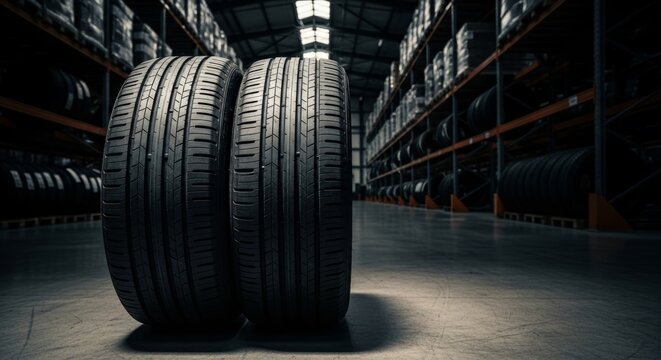 Two industrial tires in warehouse setting with stacked shelves