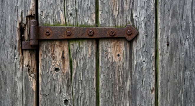 Rustic Wooden Door with Metal Hinge in Weathered Detail