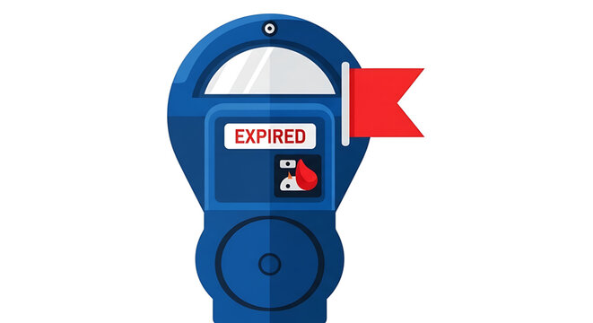 A blue parking meter with an expired sign and red flag on a white background