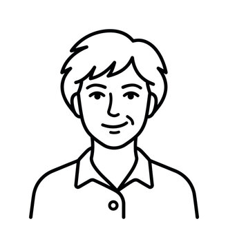 Minimalist vector icon of a mature woman. Simple line art portrait illustration for avatars, user profiles, or representing a friendly character like a mom or teacher.
