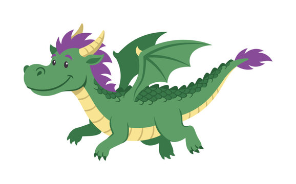 A cute green cartoon dragon flying. This friendly and happy character is perfect for children's stories, fantasy themes, and educational materials. Vector illustration.