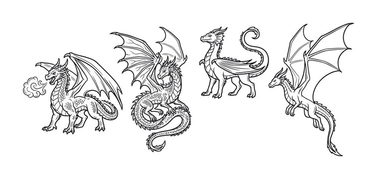 A set of mythical dragon line art illustrations. Fantasy creatures for tattoos, coloring books or emblems. Black and white vector graphic monster collection.