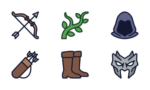 A set of fantasy RPG icons for a ranger or rogue character. Includes bow, arrow, quiver, hood, and mask. Perfect for gaming, apps, and web design.
