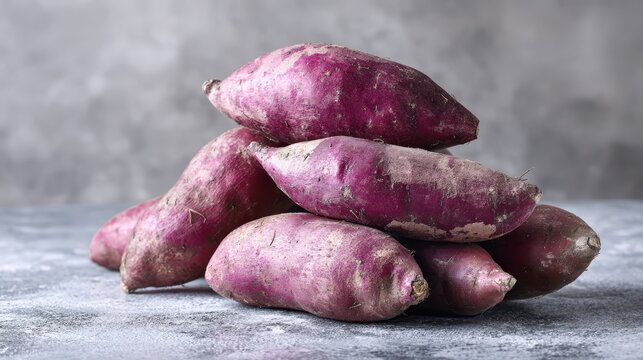 A pile of whole unpeeled ube purple yams on a textured grey background, showcasing the natural dusty skin and vibrant purple hue of the tubers.