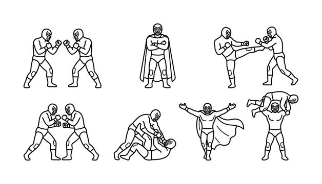 A set of Lucha Libre wrestler icons in various fighting action poses. This minimalist vector collection is perfect for sports design, cultural events, or graphic elements.