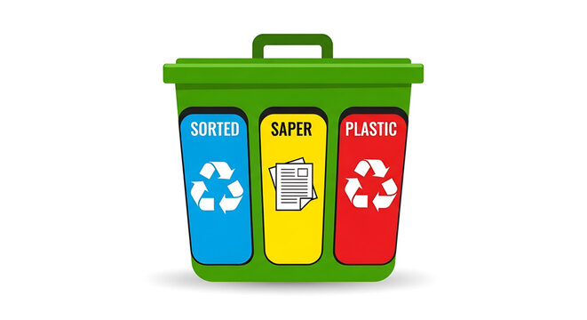 A green recycling bin with three compartments for sorted, saper, and plastic waste