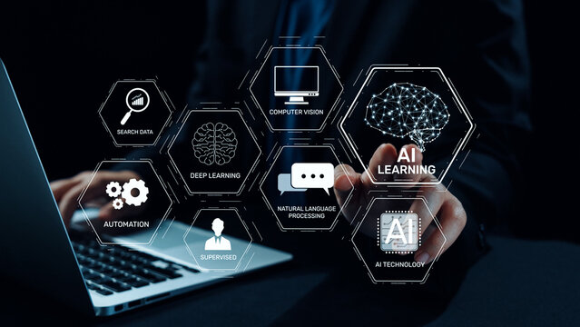AI learning system involves deep learning, supervised machine learning, and natural language processing. AI learning diagram shows how AI advances learn in automation and data processing. Elide