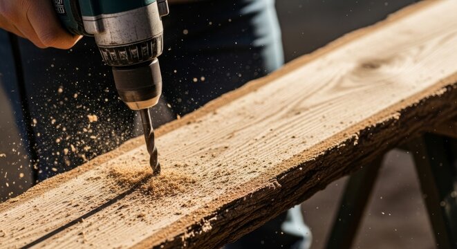 Carpenter drilling hole in wooden plank with power drill