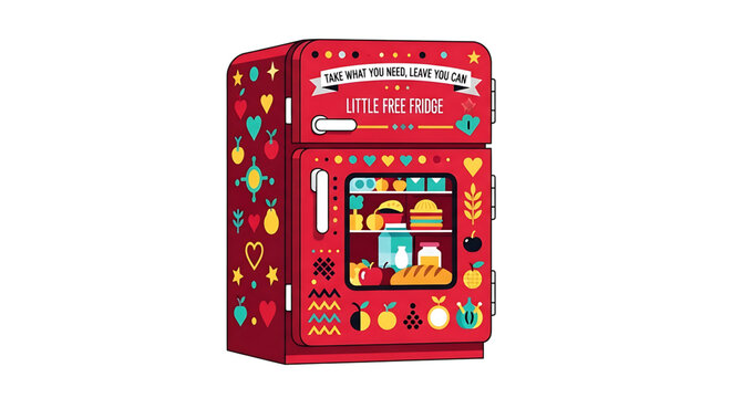 A colorful illustration of a small red fridge with a sign that says take what you need leave what you can