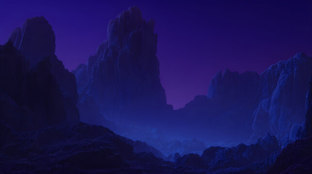 Immerse yourself in a desolate alien frontier: jagged rocky peaks under a deep violet sky with a mysterious blue glow, perfect for sci-fi book covers and cinematic concept art. Space explorer.