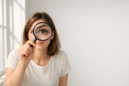 Woman looking through magnifying glass, enlarged eye effect, symbolic perspective concept, soft natural window light, minimal background, modern conceptual lifestyle photography with copy space.
