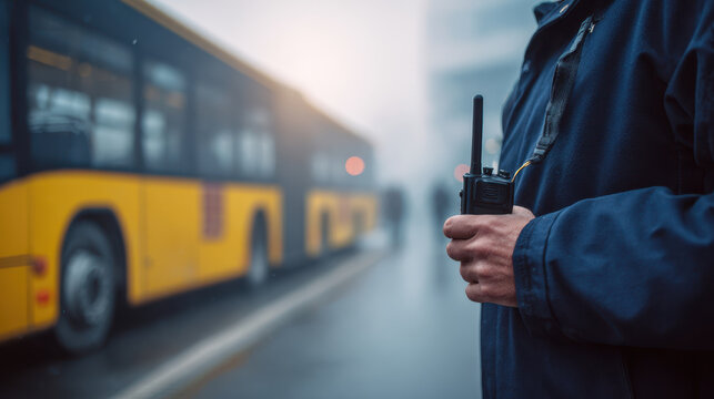 Security guard holds walkie talkie near yellow school bus on foggy morning back to school with calm and safety atmosphere