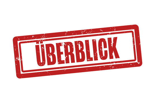 Ueberblick (overview) - A red stamp, isolated on white background.