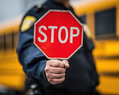 Stop sign held by crossing guard in front of yellow school bus back to school safety concept for children crossing street