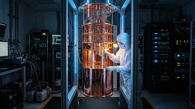 A quantum computing laboratory at 3am, a dilution refrigerator unit hanging open for maintenance revealing its nested copper thermal shields like the layers of a