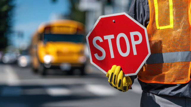 Crossing guard holds stop sign wearing yellow gloves and orange safety vest to help children go back to school safely