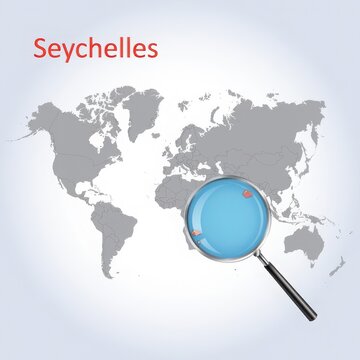 World map with magnifying glass highlighting seychelles in the indian ocean island nation seychelles