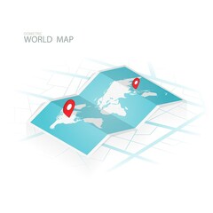 Fototapeta premium 3D world map with location markers on europe and north america 3D map travel destinations world geograph