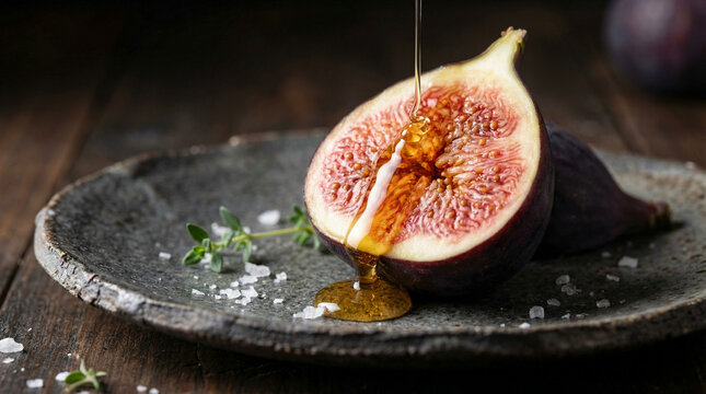 Golden sweet honey is slowly pouring over a fresh ripe halved fig resting on a dark rustic ceramic plate with coarse sea salt and one green thyme sprig on a wooden table.