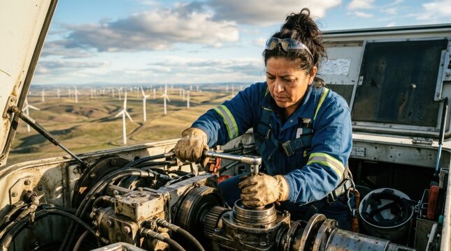 a seasoned hispanic female wind turbine technician focuses intently on inspecting the nacelle, her gloved hands expertly maneuvering tools against the rugged backdrop of