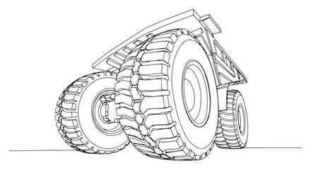 Large industrial mining dump truck shown from a low perspective in one line art © Alicja