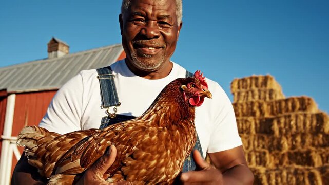 Smiling senior farmer holding a brown hen in his arms in front of a red barn and stacked hay bales on a sunny blue-sky day, a rustic rural farm portrait showing poultry care