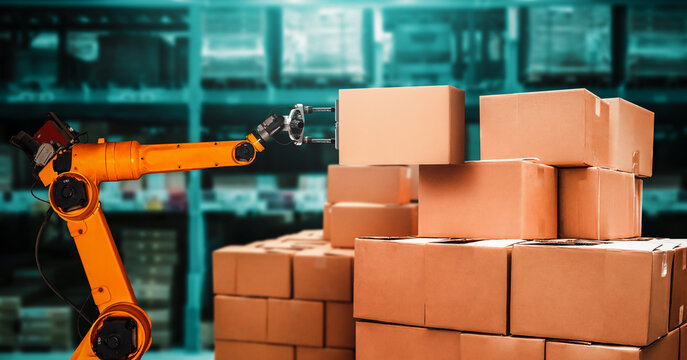 Smart robot arm system for innovative warehouse and factory digital technology . Automation manufacturing robot controlled by industry engineering using IOT software connected to internet network .