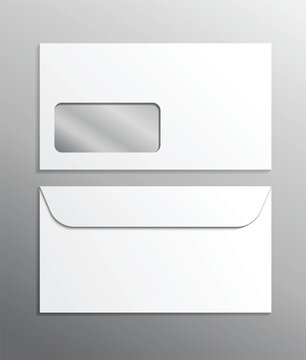 Two white envelopes with window and standard flap isolated on gray