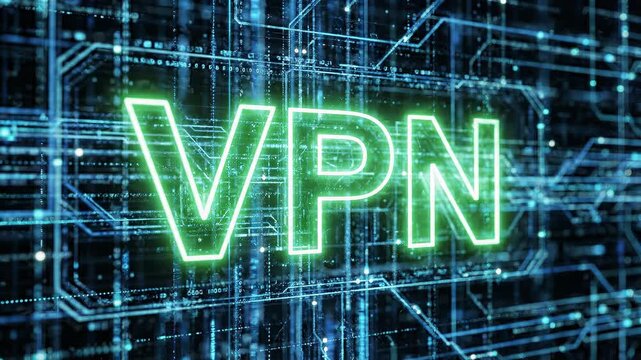Neon green VPN lettering over glowing circuit board graphics illustrating virtual private network technology, encrypted connection, data security and digital privacy visualization