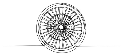 Abstract continuous line illustration of a circular geometric turbine or spiral structure © Alicja