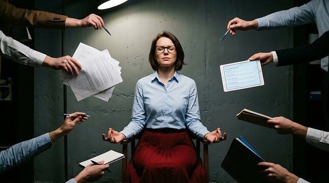 Businesswoman meditates in a chair to maintain calm while surrounded by multiple hands offering documents and digital devices.