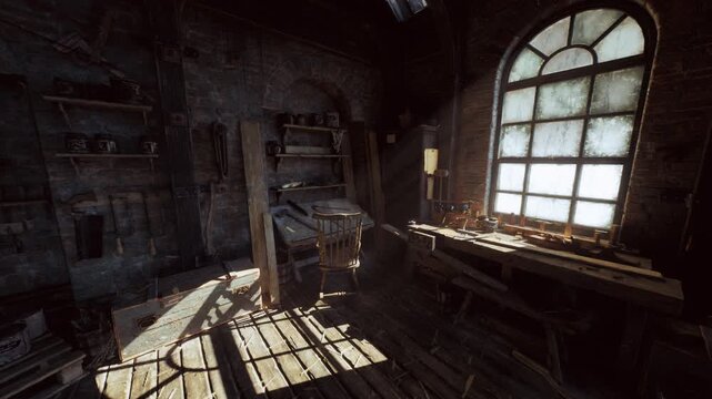 sunlit dusty workshop with arched window, carpenter bench with scattered tools, candlelight and glass panes, wooden planks and timber piles, dust particles