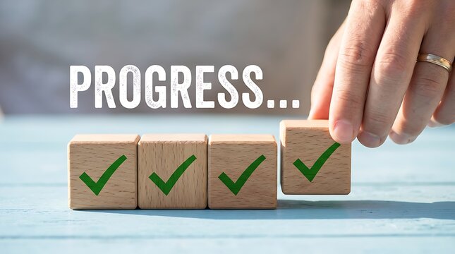 Progress concept showing hand placing wooden cube with green check mark symbol in row on blue table representing achievement success and milestone
