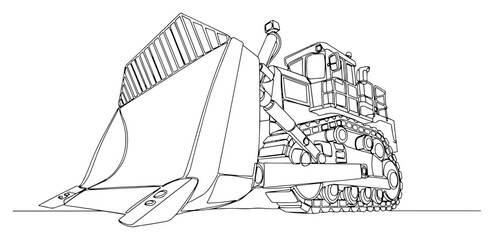 One line art of a heavy industrial bulldozer with a large front blade for earthmoving © Alicja