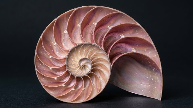 A giant nautilus shell cut precisely in half to reveal its perfect logarithmic spiral chambers, each chamber reflecting iridescent pearl tones in a gradient from cream to